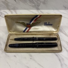 Vintage Parker Fountain Pen & Led Pen Combo Original Case Navy Swirl picture