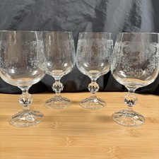 4 Vintage Bohemia Crystal Etched Cascade Wine Glass Goblets Ball Stem 6.5