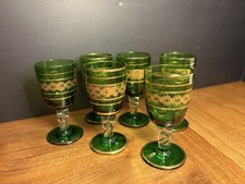 Set Of 6 Bohemian Green Glass With Gold Trim Liquor Shot Glasses picture