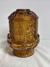 Vintage Indiana Glass 2 Piece Amber Fairy Lamp Stars & Bars picture