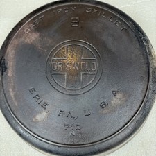 RARE Griswold No.9 Cast Iron Skillet ERIE PA 710 N Heat Ring Block Logo Flaws picture