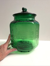 Vtg 1980s Planters Mr Peanut Green Glass Counter Jar w/ Lid Beautiful picture