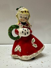Vintage 50s RELCO Japan Christmas Shopper Girl Figurine Red Dress Spaghetti Trim picture