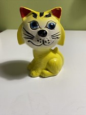 Vintage Yellow Ceramic Cat Coin Bank Blue Eyes Hand Painted Retro Figurine picture