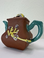 Vintage Chinese Terracotta Teapot Bamboo Spout Handle Plum Blossom Prunus Clay picture
