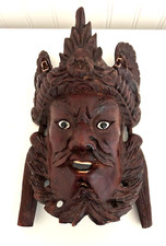 Vintage hand wood carved Mongolian Chief Warrior Headress Mask 10-1/4