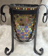 Vintage Mosaic Glass Vase/ Candle 11 Inches Tall With Black Metal Stands picture