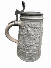 Antique German Salt Glazed Beer Stein Porcelain Inlaid Lid Relief Dwarf 1880s picture