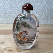 Vintage Hand Carved Crystal Snuff Bottle, Reverse Painted 'Tiger “ Signed picture