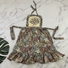 Vintage 80s Floral Apron Gray Pink Fruit Cottagecore Ruffles Country Kitchen picture