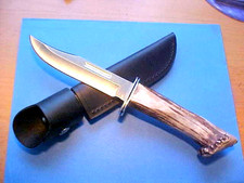 RARE CUSTOM NEW FIXED BLADE BUCK 119 KNIFE CROWN STAG HANDLE LEATHER SHEATH picture