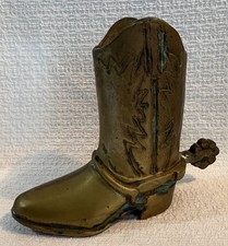 Vintage Solid Brass Cowboy Boot Figurine with Spur Mid Century Western 6 1/2