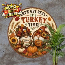 Turkey Thanksgiving Gnome Round Metal Sign Vintage Holiday Wall Decor 8x8 picture