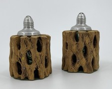 Cholla Wood Cactus Vintage Set of Salt & Pepper Shakers 3.25” w/ Aluminum Tops picture