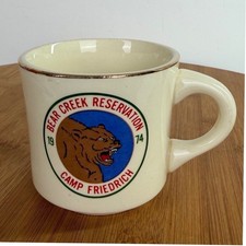 Vintage 1974 Bear Creek Reservation Camp Friedrich Mug USA Ceramic Gold Rim 70s picture