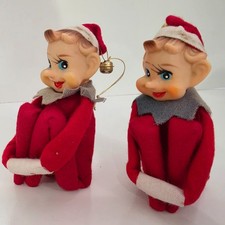 Vintage Christmas Elf Pixie Knee Hugger Felt Rubber Face Japan Set Two Ornament picture