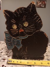 Vintage Black Cat Wood Door Stop Folk Art Halloween Decoration 8” 1920s-30s 🎃 picture