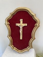 Antique Crucifix French Cross Gold Framed Wood 18” red Velvet Wall Jesus picture