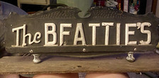Vintage Family Name Sign “The BEATTIES” Gray/White Painted, Free Standing picture