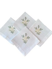 White Linen Luncheon Napkins Hand Embroidered Flowers Yellow Vintage LOT 4 16