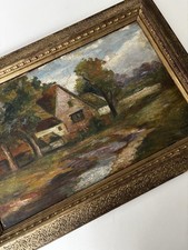 Antique oil on wood landscape painting European Giltwood ornate frame 19th cent. picture