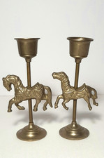 Pair of Vintage Solid Brass Carousel Horses Candle Stick Holders 5