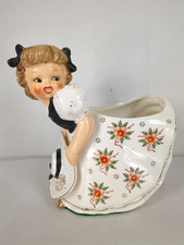 Vintage Royal Sealy Planter Vase Girl w Bonnet Gold Shoes MCM Japan 5.5” READ picture