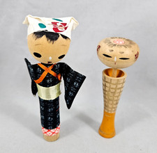Set of 2 Vintage Japanese Kokeshi Dolls Slender Slim Hand Painted Body Kimono picture