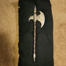 BADASS Ornate Decor, Dbl. Blade Fantasy Axe, Cord Wrapped Handle, Gold/Black26x8 picture