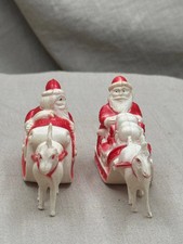 Pair Mid Century Hard Plastic Santa Sleigh Reindeer Cake Toppers Christmas picture