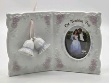 Russ White Ceramic Photo Frame Our Wedding Day #15541 Pink Roses 2 Bells 2