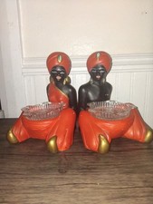 Vintage 1950s Blackamoor Chalkware Ashtrays MCM Nubian Genie Pair Glass Inserts picture
