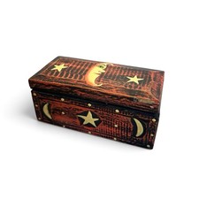 Vintage Hand Painted Wooden Trinket Box Moon Stars Celestial Folk Art picture