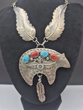 VTG LARGE Navajo A J Platero Sterling Silver Turquoise & Coral Bear Necklace picture