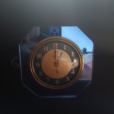 Vintage Telechron Blue Glass Mirrored 7H77 Working Electric Clock Art Deco Gold picture
