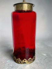 Vintage red ruby glass jar with lid Brass Filigree Hollywood Regency Vase Urn picture