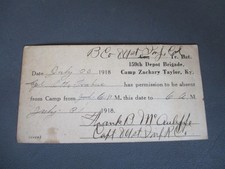 WWI, 1918, African American Soldier Camp Zachary Taylor Overnight Pass, Named picture