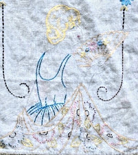 Vintage Embroidered Runner Lady fanning herself handmadeTable Lace Edge unique picture