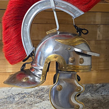 Roman Decorative Metal Helmet Reproduction w/ Red Plume Silver Gold Tone picture