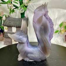 455G Natural Amethyst Geode Hand Carved Nine-tailed Fox Quartz Crystal Decor picture