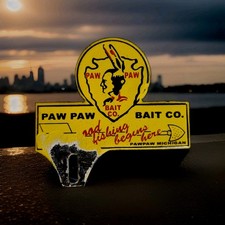 Vintage Paw Paw Bait Porcelain Sign/Topper Fishing Bait Lures Michigan Gas Oil picture