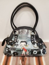Vintage Betty Boop Black and Grey Zippered Shoulder Bag w/4 Raised Black Flowers picture