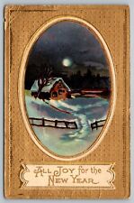Postcard All Joy For the New Year c1911 Embossed Cottage Snow Visible Moon Night picture