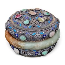 Fine Vintage Chinese Enamel Silver Box with Carved Jade Bangle and Gemstones picture