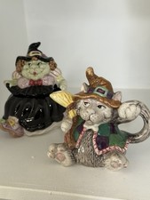 Vintage 1992 Fitz & Floyd Halloween Witch Cat Creamer & Witch Jar Sri Lanka picture