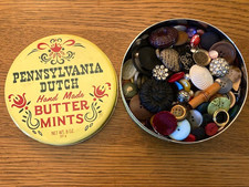 Vintage Pennsylvania Dutch Butter Mint Tin & Mixed Sewing/Crafting Button Lot picture