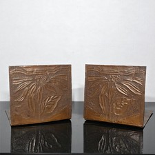 Antique Arts & Crafts Hammered Copper Floral Bookends Roycroft Style picture