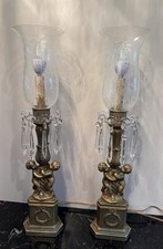 2 Elegant Vintage Victorian Cherub Table Lamps Cast Metal & Crystal 22” Tall picture