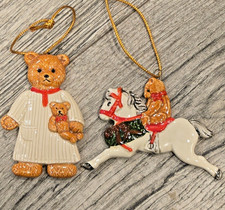 Vintage Schmid teddy bear & rocking horse ornaments porcelain 1980s collectible picture