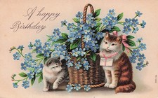 Victorian Birthday Card Blue Flowers Cats Kitten Letter Ribbon Vtg Postcard J14 picture